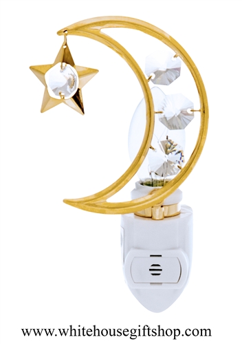 Gold Crescent Moon & Star Nightlight with SwarovskiÂ® Crystals