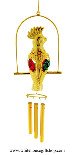 Crystal Gold Parrot chime Ornament with Ruby Red and Emerald Green SwarovskiÂ® Crystals