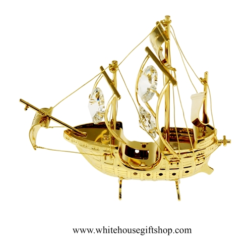 Gold Santa Maria Ship Ornament with Swarovski Crystals