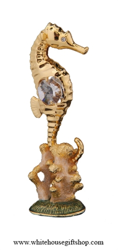 Gold Seahorse Statue on Pewter Coral Table Top Display with Swarovski Crystals