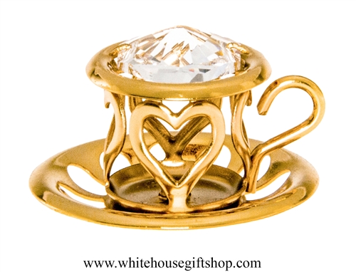Gold Tea Cup with Saucer Ornament with Swarovski Crystals