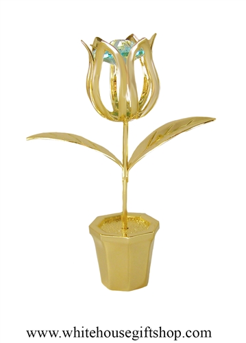 Gold Potted Tulip Table Top Display with Mint Green SwarovskiÂ® Crystals
