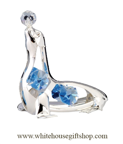 Silver Circus Preforming Seal Ornament with Ocean Blue Swarovski Crystals