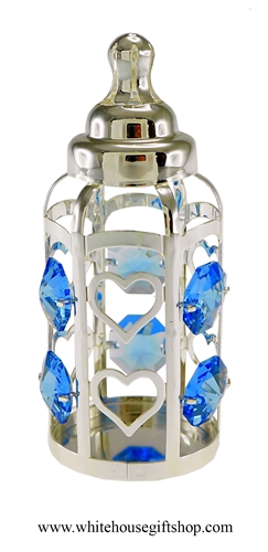 Silver Baby Boy's Classic Bottle Ornament with Ocean Blue Swarovski Crystals