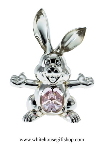 Silver Playful Cartoon Bunny Ornament with Light Pink Swarovski Crystals