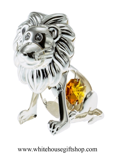 Silver Playful Cartoon Lion Ornament with Amber Swarovski Crystals