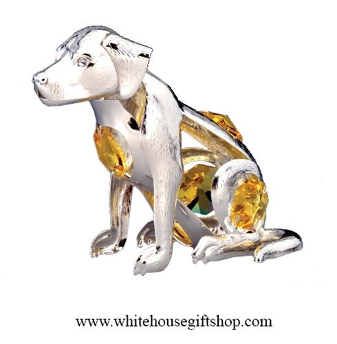 Silver Dog Ornament with Golden Yellow Swarovski Crystals