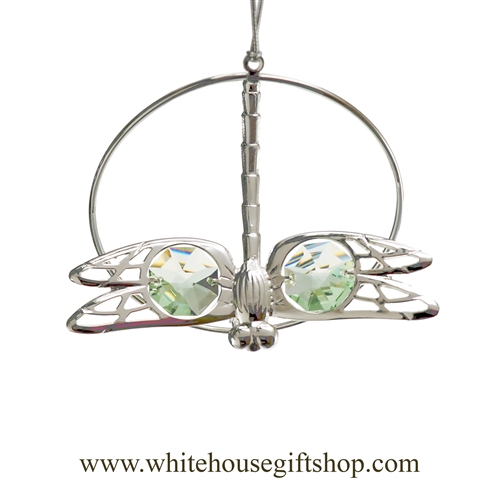 Silver Dragonfly Circle Ornament with Mint Green Swarovski Crystals