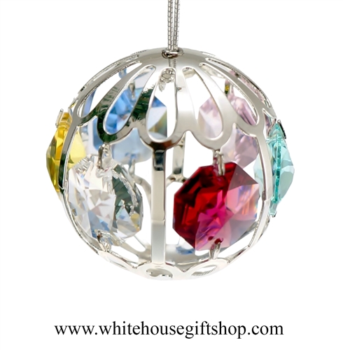 Silver Filigree Ball Ornament with Rose, Mint Green, Pink, Golden Yellow, Clear & Sky Blue Swarovski Crystals