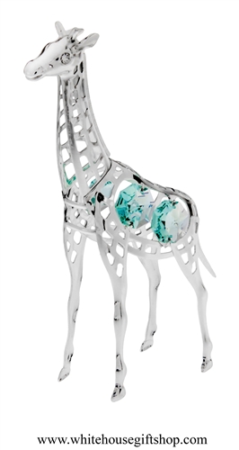 Silver Young Giraffe Ornament with Turquoise Swarovski Crystals