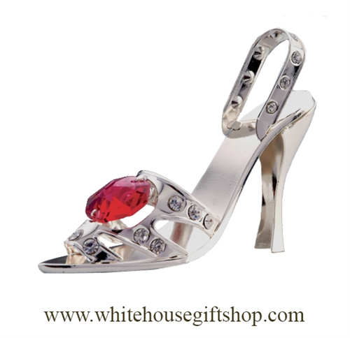 Silver High Heel Open Toe Sandal Ornament with Ruby Red Swarovski Crystals