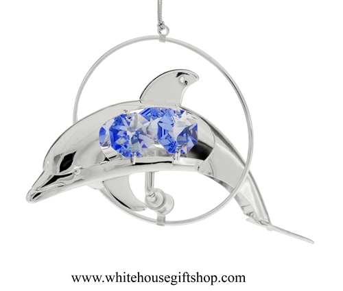 Silver Mini Dolphin Circle Ornament with Ocean Blue Swarovski Crystals