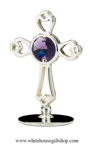 Silver Rounded Cross Table Top Display with Plum Purple Swarovski Crystals