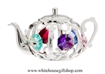 Silver Tea Kettle Ornament with Mint Green, Violet, Rose, Clear, Sky Blue & Light Pink Swarovski Crystals