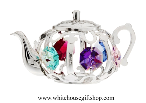 Silver Tea Kettle Ornament with Mint Green, Violet, Rose, Clear, Sky Blue & Light Pink Swarovski Crystals