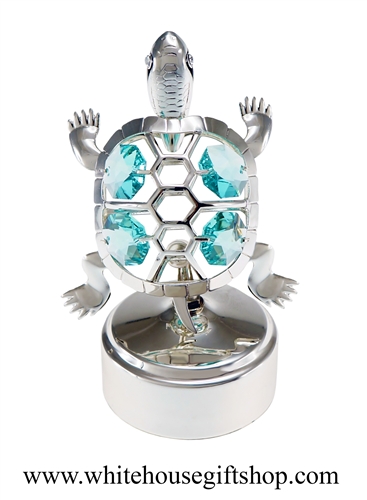 Silver Mini Turtle Music Box with Light Turquise SwarovskiÂ® Crystals