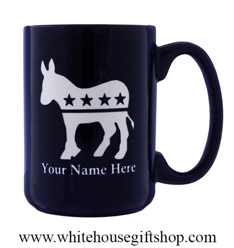 Democratic Party Personalized Coffee Mug, Etched in the USA, Donkey Symbol, Cobalt Blue mugs, dishwasher and microwave safe, large 15 ounce capacity, support a Democrat, from the original official White House Gift Shop since 1946 by President Truman.