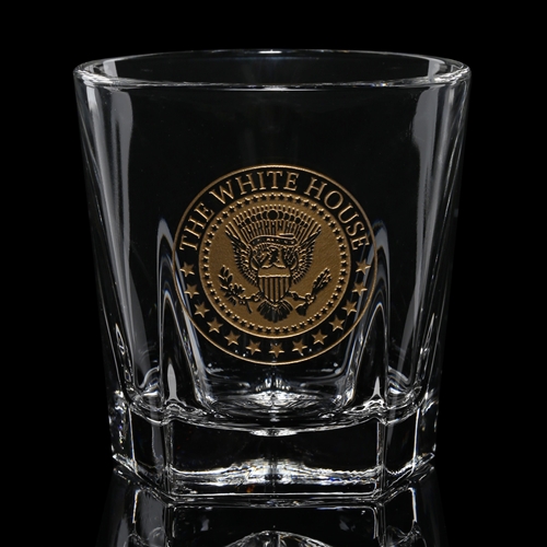 White House Glass Double Old Fashioned, On the Rocks Seal of President Glasses, set of 2, Gold Etch, Made in America, Lead Free heavy impressive glasses, matching decanter available, from Official White House Gift Shop Presidential Glass Collection.