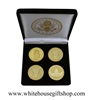 Coins, President Barack Obama & The Capitol Building, Presidential Seal on Reverse of Obama Coin, Great Seal on Reverse of Capitol, 4 Coin Set, Black Velvet Display and Presentation Case, Front & Reverse of Coins are Displayed, Gold Plated, 1.5" Diameter