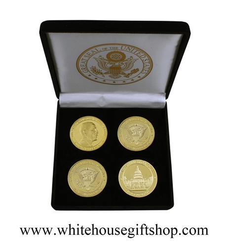 Coins, President Barack Obama & The Capitol Building, Presidential Seal on Reverse of Obama Coin, Great Seal on Reverse of Capitol, 4 Coin Set, Black Velvet Display and Presentation Case, Front & Reverse of Coins are Displayed, Gold Plated, 1.5" Diameter