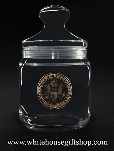 Great Seal of the United States glass candy jar custom etched, 24k gold, from official original White House Gift Shop, Est. 1946, 7 inches tall, office, desk, home, Presidential Eagle Seal gifts collection candy, nut, dish, bowl.