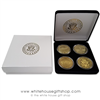 Coins, World War II Memorial, Vietnam Memorial, & Pentagon, Great Seal on Reverse of Coins, 4 Coin Set, Black Velvet Display and Presentation Case, Front of Coins are Displayed, Gold Plated, 1.5" Diameter