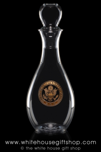 White House Glass Wine Decanter, featuring the Great Seal of the United States, gold etched, elegantly simple, from the original official White House Gift Shop Presidential Glass Collection, made and etched in the USA.