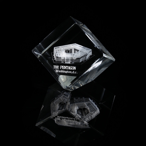 PENTAGON ANGULAR CUBE GLASS HOLOGRAPHIC PAPERWEIGHT