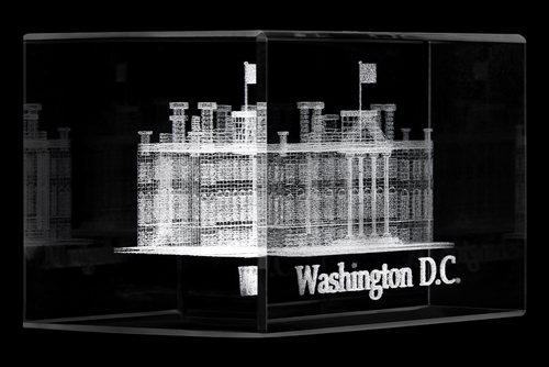 The White House and Washington D.C. Glass Hologram Laser Cube Display and Commemorative with National Monuments from White House Gifts and White House Gift Shop.