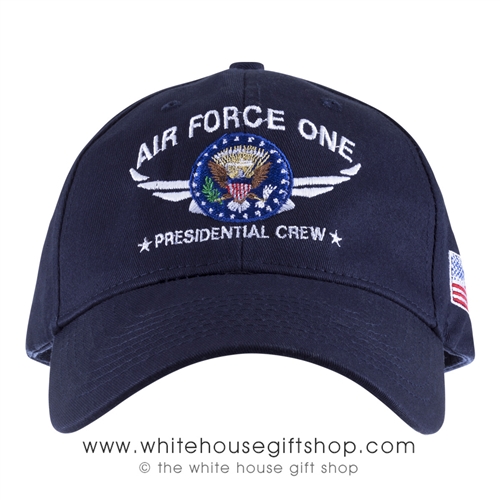 Air Force One Presidential Crew Hat, Cap, Made in the USA, Navy Cotton, USAF, Embroidered Chevrons, American Flag on side