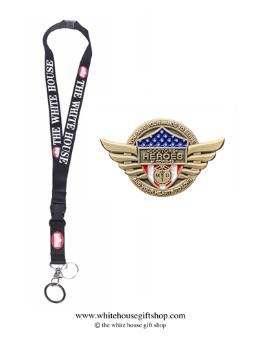 Doctors, Physicians, Heroes of COVID-19, Gold Pin for Lanyard, Uniform, or Lapel. Designed by graphic artist Anthony F. Giannini for the original Secret Service White House Gift Shop.