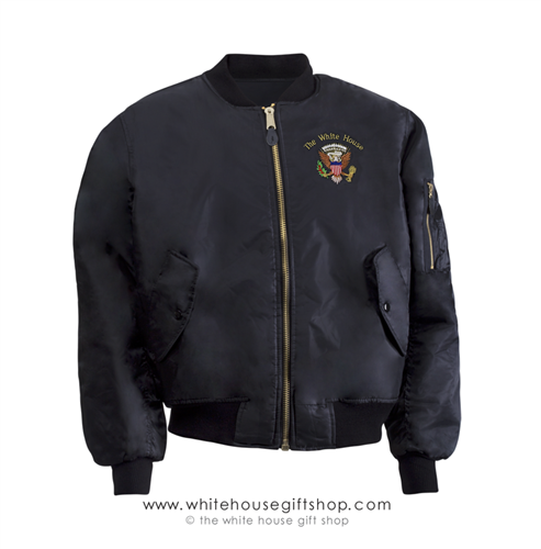 Presidential Bomber,  MA-1 Flight Jacket, Reversible Orange, White House Eagle Seal, Navy Blue, Embroidered in USA