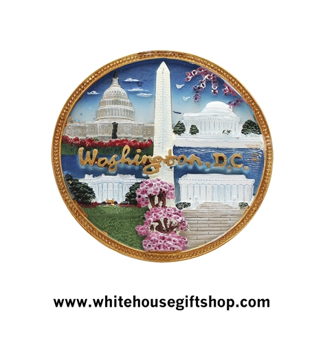 Magnet, Ceramic, Washington D.C. Cherry Blossom Festival with The White House, Lincoln Memorial, Washington Monument, Jefferson Memorial, U.S. Capitol, Washington Monument, Gold Rim