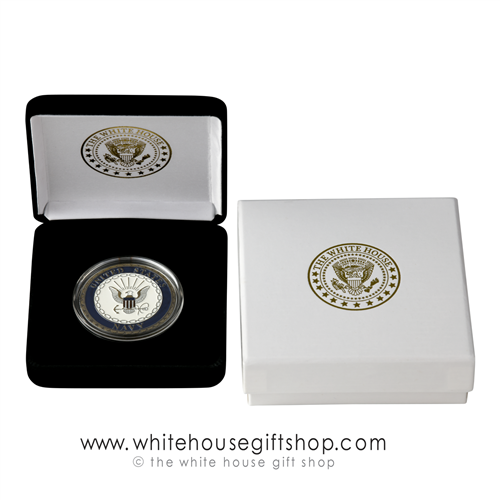 U.S. Navy Challenge Commemorative Coin, Gold Finish, Blue Enamel, Display Case, Outer Gift Box with White House President Seal, 1.5" Diameter. From Official White House Gift ShopÂ® Gifts & Historical Store by President Order & U.S. Secret Secret Service.