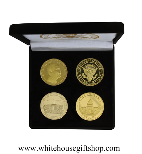 Coins, President Barack Obama, The White House, & United States Capitol Building Coin Set, Great Seal, Presidential Seal, 4 Coin Set, Black Velvet Display and Presentation Case, 1.5" Diameter, Gold Plated