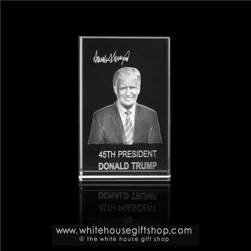 President Donald Trump, POTUS, Optical Glass  Monolithic Hologram Display or Paperweight, Rectangular, App. 4" in Height X 2" Wide, Wrapped in Tissue with Crinkle Shred & Set in 2 Piece Gift Box with White House Gift ShopÂ® Seal