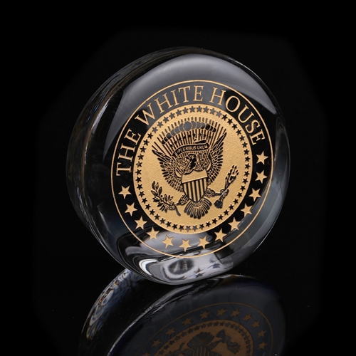 The White House Seal of the President Glass Paperweight Desk Office Display.