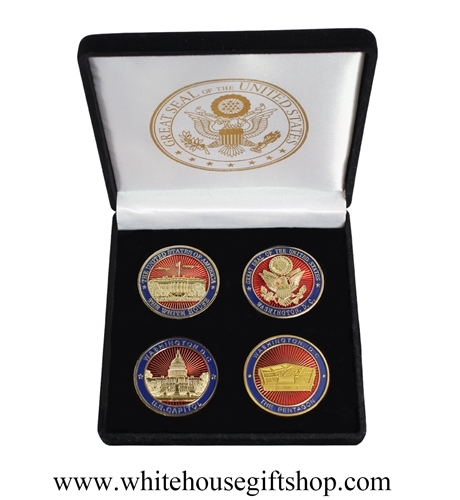 Coins, The White House, United States Capitol Building, & Pentagon, Great Seal on Reverse of Coins, Premium Copper Core 4-Coins, Black Velvet Display and Presentation Case, Front & Reverse of Coins are Displayed, 1.5" Diameter, Gold Plated & Red Enamels