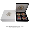 Coins, The White House & United States Capitol Building, Great Seal on Reverse of Coins, 4 Coin Set, Black Velvet Display and Presentation Case, Front & Reverse of Coins are Displayed, 1.5" Diameter, Gold Plated & Red Enamels