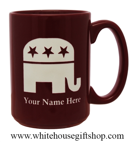 Republican Party Mugs, Add your name, Personalized, Deep Permanent Etch in USA, 15 ounce mug, personalized, Deep Burgandy Red color, custom from White House Gift Shop since 1946.