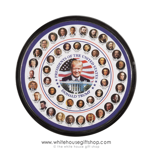 All Presidents Magnets, Portraits of Trump, Obama, all 45, Round, Size of Mug Coaster, Over 4 inches wide, Presidential Photos, from official White House Gift Shop since 1946, Dates in office included.