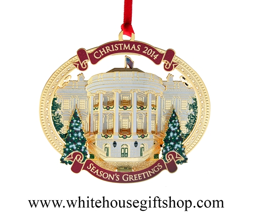 White House Christmas Ornament, 2014, 24KT Gold Finish, #26 in Collection, TRUMAN'S BALCONY, Honors President H. S. Truman, Quote on Reverse