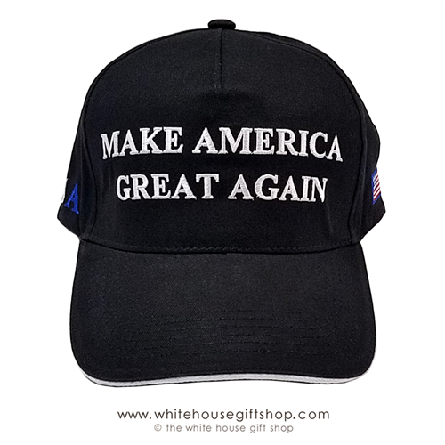 Donald J. Trump, black 100% cotton hat, embroidered in America,  usa flag on side, TRUMP SLOGAN MAGA cap-Make America-Great-Again, KEEP AMERICA GREAT,-from official white house gifts and gift shop-historic elections series