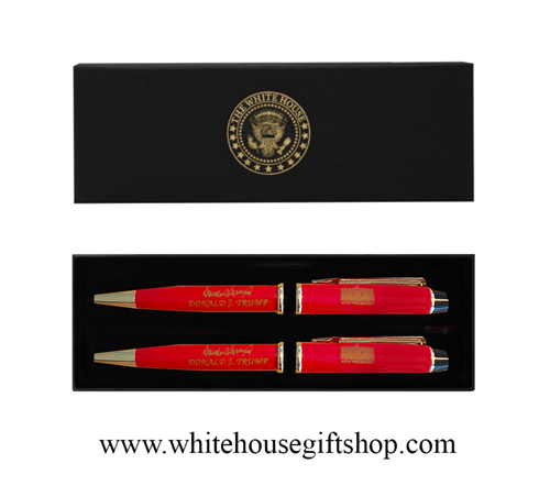 President Donald J. Trump Red Signature 2 Pen Set, Gold Trim, Two Pens in Presentation Box