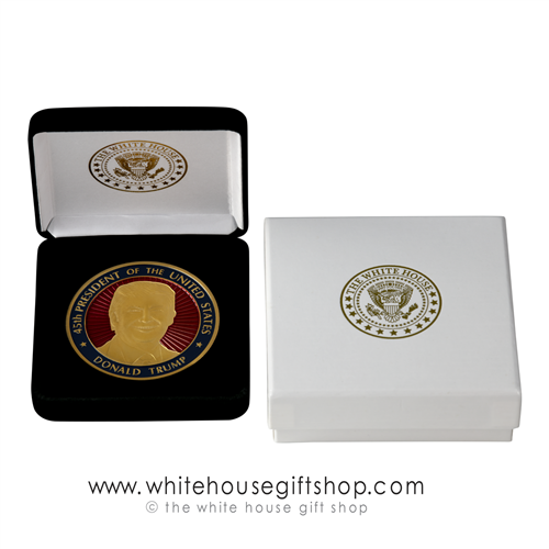 45th President Donald J. Trump Presentation Coin, Gold Finish, Red Baked Enamel, Presidential Seal on Reverse, Velvet Display Case, Outer Box, 1.5" Diameter, From Official White House Gift ShopÂ® Gifts Store Est 1946 by President Order & Secret Service