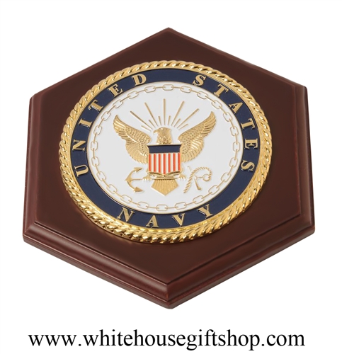 United States Navy Medallion Paperweight or Desktop Display, Mahogany Stained Wood,  6" x 7" x 1", Made in the USA, Gift Boxed with White House Gift Shop, Est. 1946 Official Seal on Lid, WH85-41101