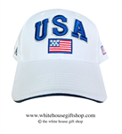 USA White Hat, White bold embroidery on front and letters on back adjustable velcro strap, Import