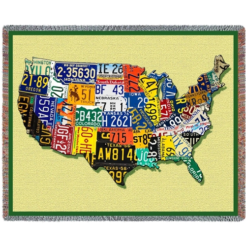 Blanket License Plates of United States, throw made in America, Cotton, Machine Wash and Dry, 70 inches by 54 inches, Made in the USA