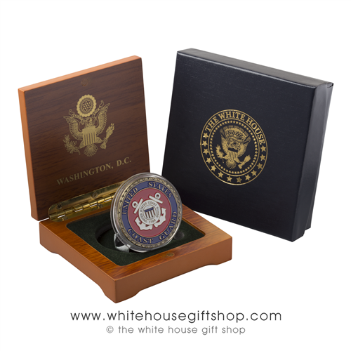 Coast Guard Challenge Coin, USCG,Burnished Bronze with Enamel Color Presented  in Wood Case & 2-Piece White House Gift Box