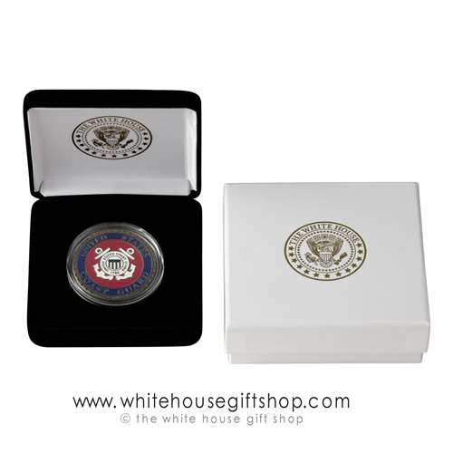 Coast Guard USCG Challenge Coin in Display quality velvet coin Case and Presentation Gift Box, bronze and enamel finish, 1.5" diameter. upgraded clear coin capsule, White House Presidential Eagle Seal Imprint on cases from official White House Gift Shop.